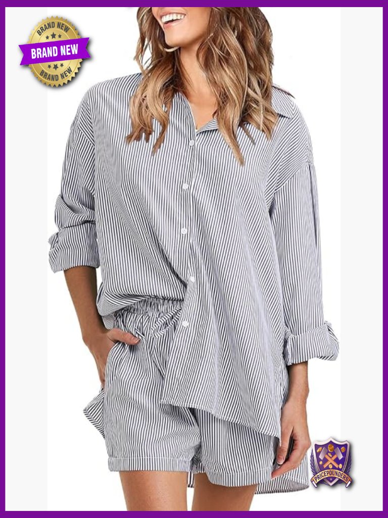 Women's Cotton Summer 2 Piece Set Long Sleeve Button Down Shirt & Shorts